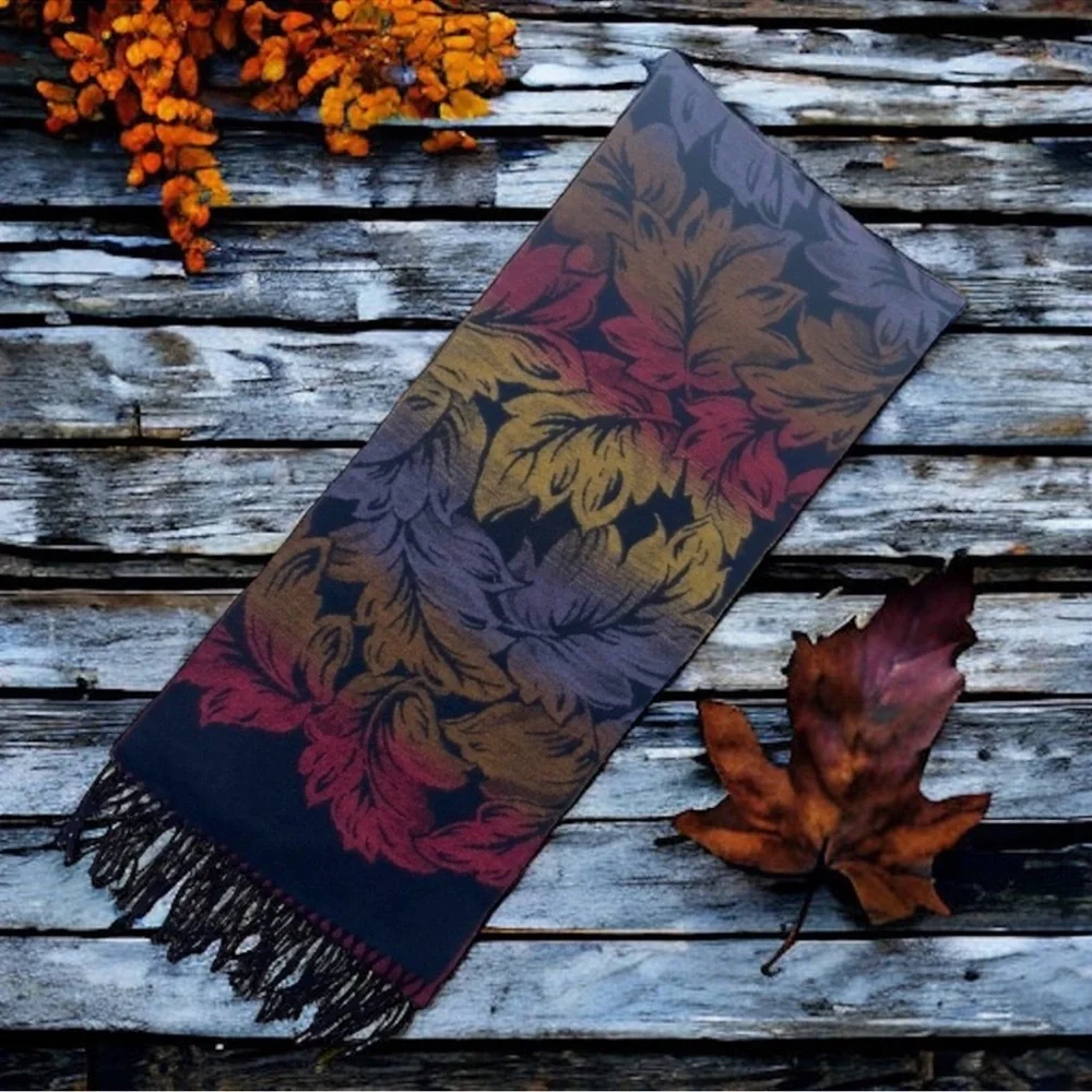 Scarf Boho Nice and Soft Leaf Print with Fringe in Beautiful Fall Colors OS